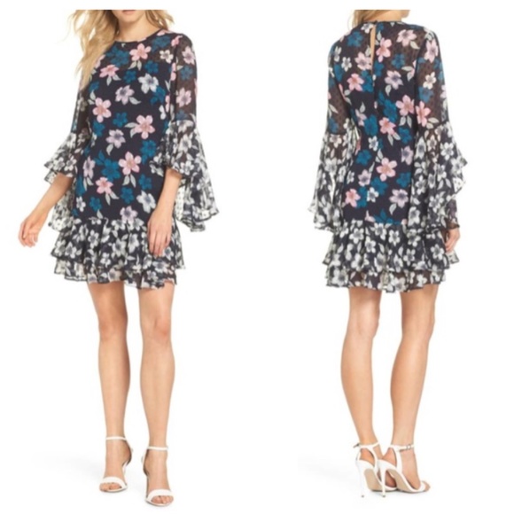 Eliza J Bell Sleeve Floral Chiffon Shift Dress